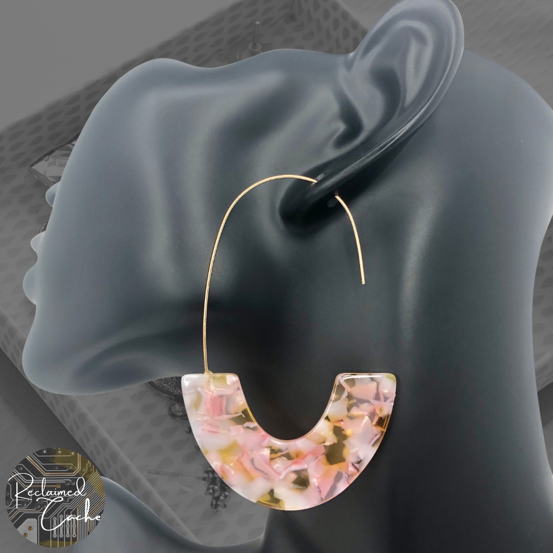 Pink And White Tortoise Shell Resin Drop Earrings